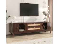 Móvel De Tv| Móvel para TV em madeira natural com portas, gavetas e laterais em rattan. Natural escuro