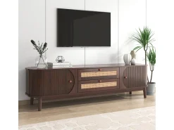 Móvel De Tv| Móvel para TV em madeira natural com portas, gavetas e laterais em rattan. Natural escuro