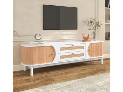 Móvel De Tv* Móvel para TV em madeira natural com portas, gavetas e laterais em rattan. Branco