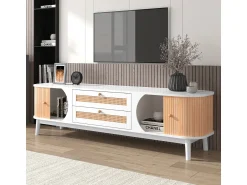 Móvel De Tv* Móvel para TV em madeira natural com portas, gavetas e laterais em rattan. Branco