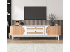 Móvel De Tv* Móvel para TV em madeira natural com portas, gavetas e laterais em rattan. Branco