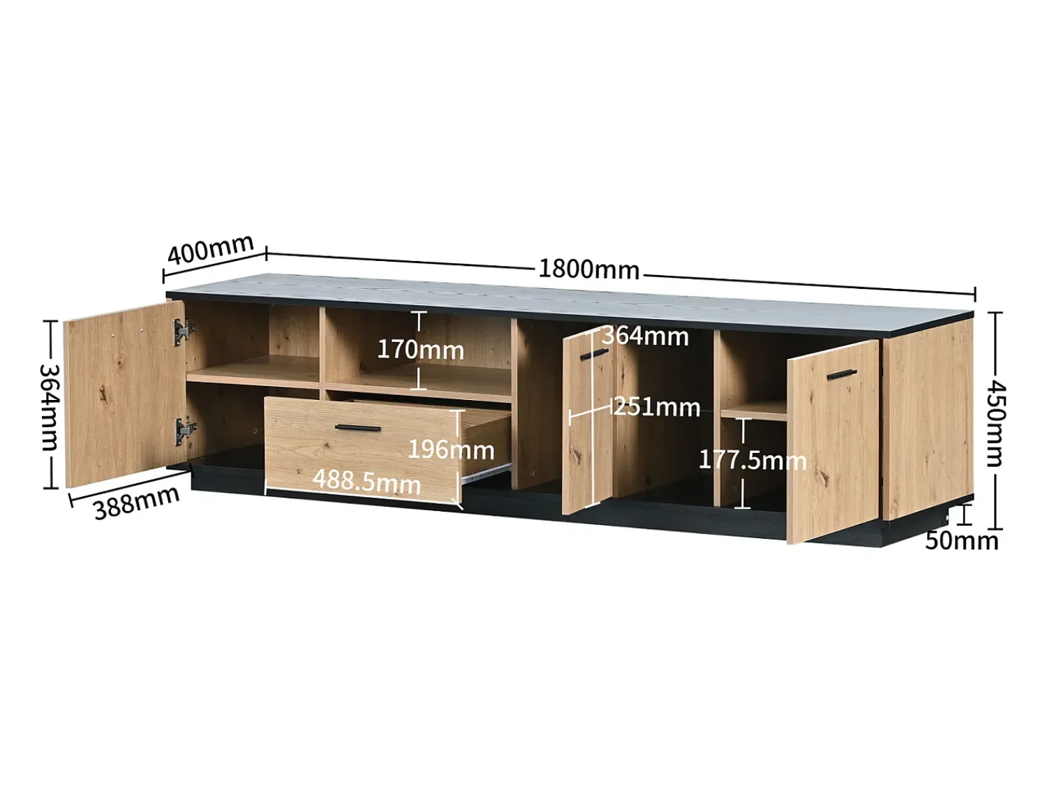 Móvel De Tv* Móvel para TV em madeira preta e natural, com 3 portas, 2 compartimentos abertos e 1 gaveta, com LED. Preto