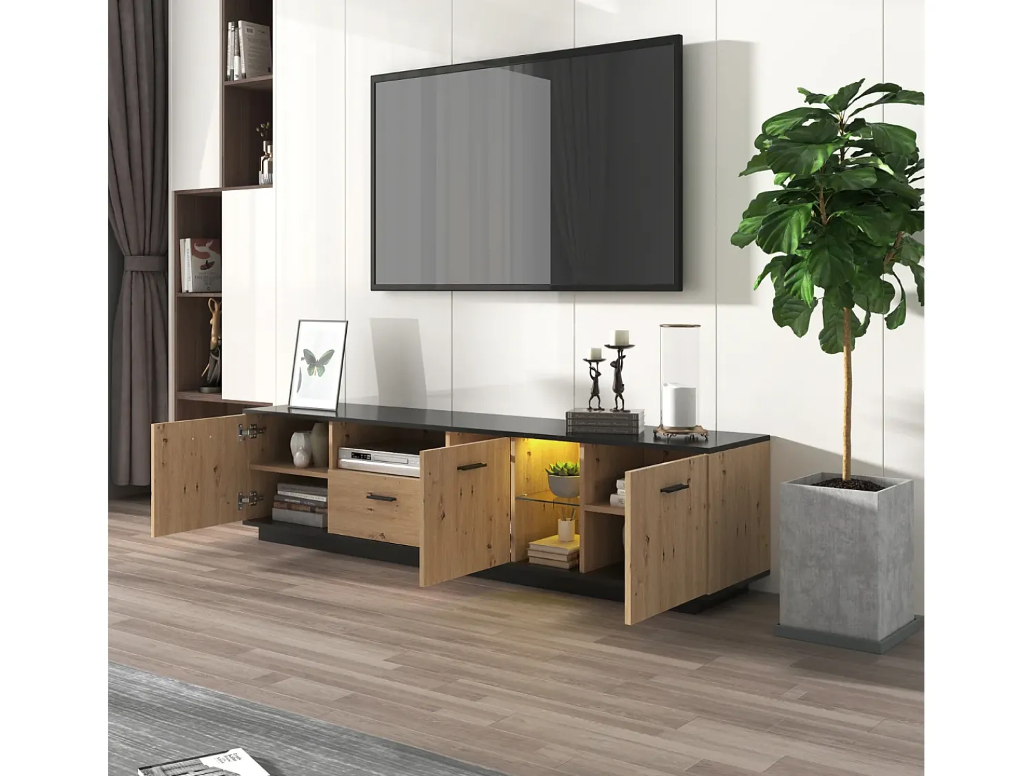 Móvel De Tv* Móvel para TV em madeira preta e natural, com 3 portas, 2 compartimentos abertos e 1 gaveta, com LED. Preto