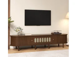 New Merax Móvel para TV em nogueira escura - 180 x 40 x 40 cm - design em rattan - com 3 portas - MDF - Castanho