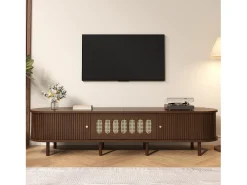 New Merax Móvel para TV em nogueira escura - 180 x 40 x 40 cm - design em rattan - com 3 portas - MDF - Castanho