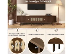 New Merax Móvel para TV em nogueira escura - 180 x 40 x 40 cm - design em rattan - com 3 portas - MDF - Castanho