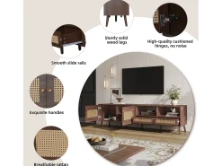 Móvel De Tv| Móvel para TV em rattan com 2 gavetas e 2 portas, em madeira, para televisores de 80 polegadas, 200 x 37 x 49 cm Natural escuro