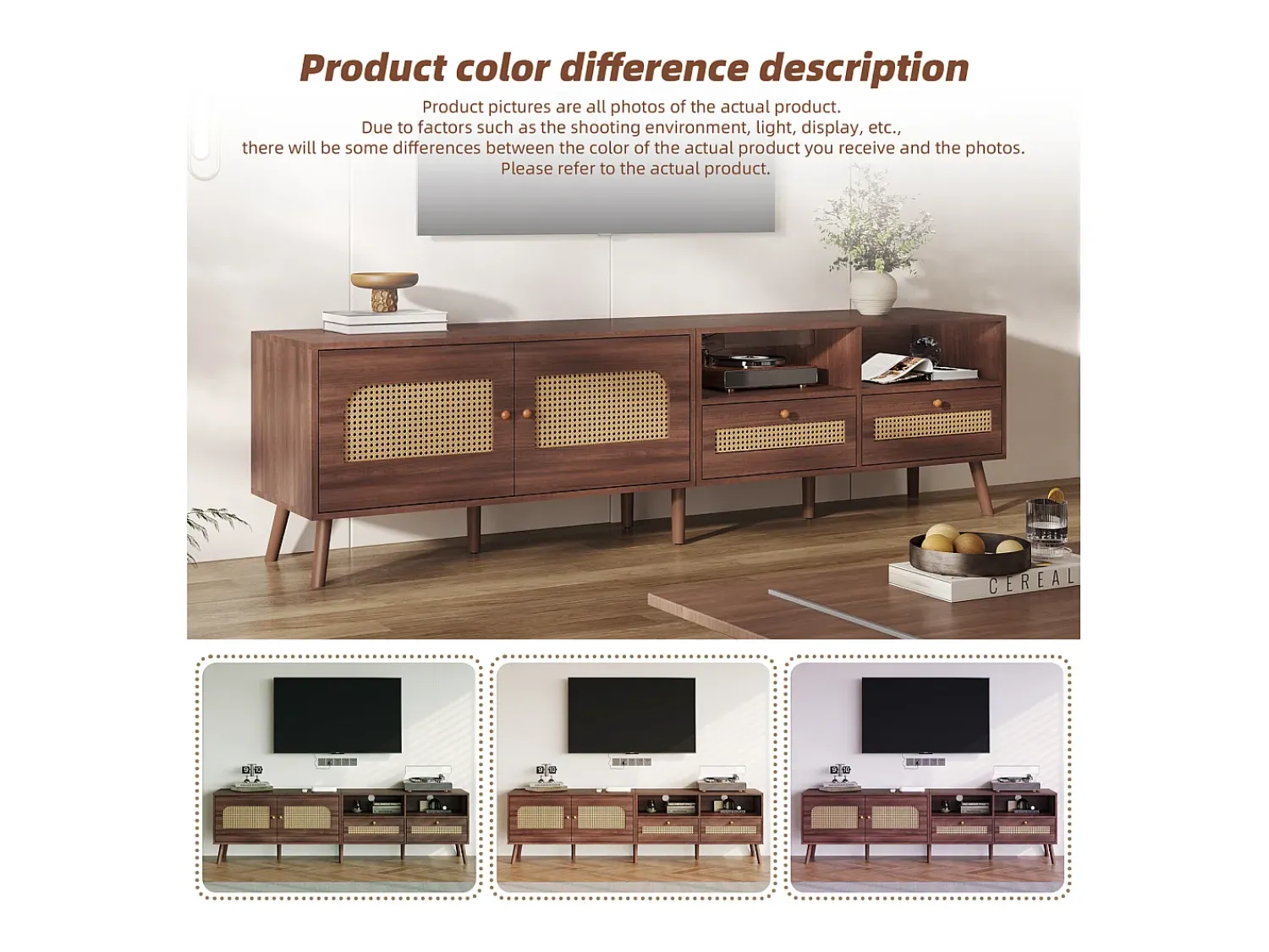 Móvel De Tv| Móvel para TV em rattan com 2 gavetas e 2 portas, em madeira, para televisores de 80 polegadas, 200 x 37 x 49 cm Natural escuro