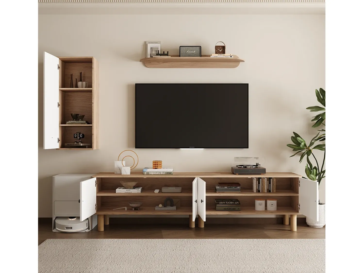 Móvel De Tv*Hauss Spole Móvel para TV, espaço de arrumação e prateleiras de parede para sala de estar, com 5 portas, e natural. Branco