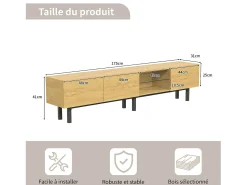 Online Móvel para TV, estilo industrial, 175 cm, com iluminação LED, prateleiras e espaço de armazenamento, 3 portas, madeira. Natural claro