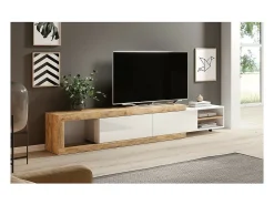 New Meublorama Móvel para TV extensível de 200 a 240 cm cor carvalho e branco brilhante coleção SINATRA. Castanho