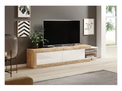 New Meublorama Móvel para TV extensível de 200 a 240 cm cor carvalho e branco brilhante coleção SINATRA. Castanho