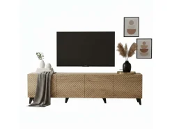 Móvel para TV Josi com 4 portas e 8 compartimentos, em carvalho artesanal e preto, 53,5 x 200 x 40 cm^ Móvel De Tv