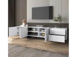Clearance Móvel para TV laqueado em /preto – Móvel baixo com portas, gavetas e prateleiras, pés pretos, 190 x 35 x 45 cm Branco