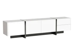 Clearance Móvel para TV laqueado em /preto – Móvel baixo com portas, gavetas e prateleiras, pés pretos, 190 x 35 x 45 cm Branco