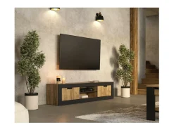 Discount Meublorama Móvel para TV MEUNIER – 2 portas & 5 nichos – Carvalho Samdal & Preto Fosco – 180×42×40 cm Castanho