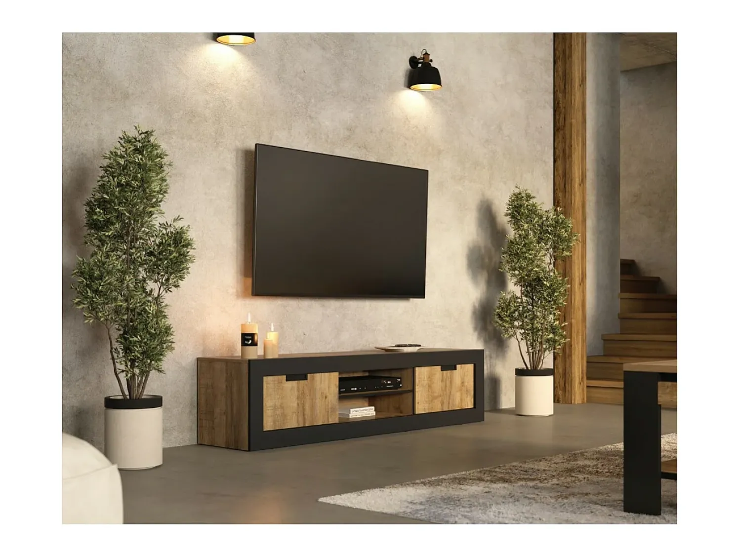 Discount Meublorama Móvel para TV MEUNIER – 2 portas & 5 nichos – Carvalho Samdal & Preto Fosco – 180×42×40 cm Castanho