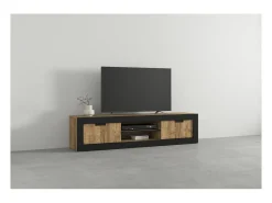 Discount Meublorama Móvel para TV MEUNIER – 2 portas & 5 nichos – Carvalho Samdal & Preto Fosco – 180×42×40 cm Castanho