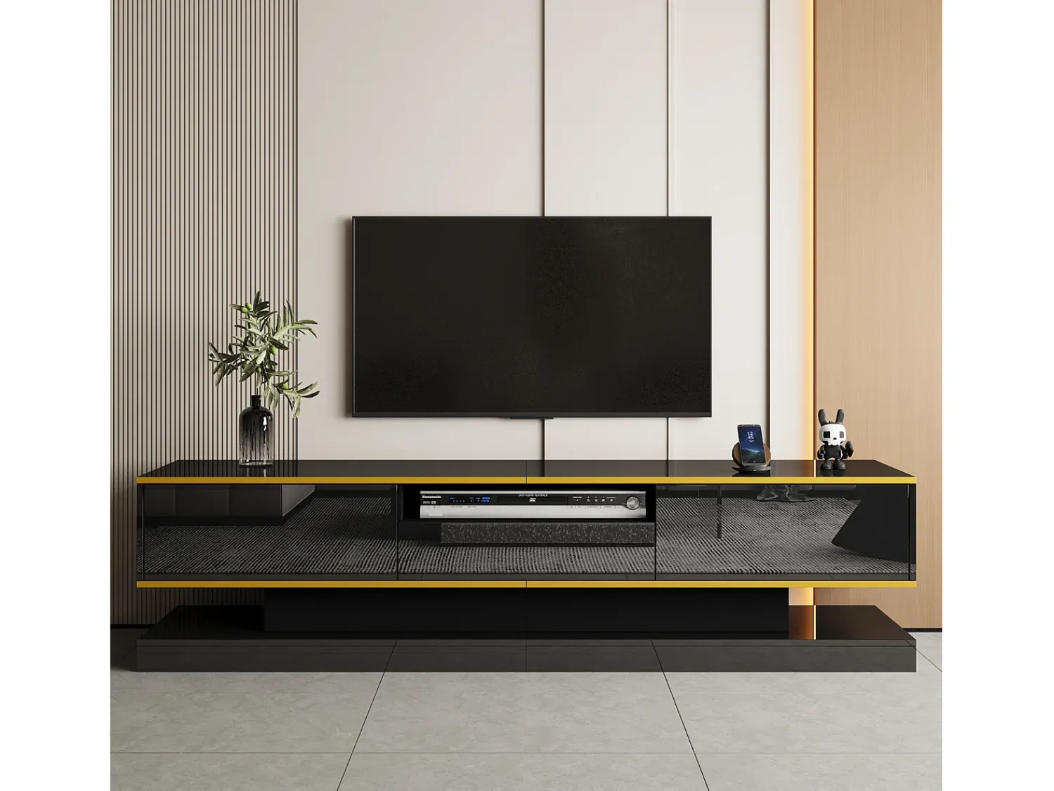 Best ModernLuxe Móvel para TV moderno 180×38×45 cm - com três gavetas - com um compartimento aberto - com iluminação LED - Preto