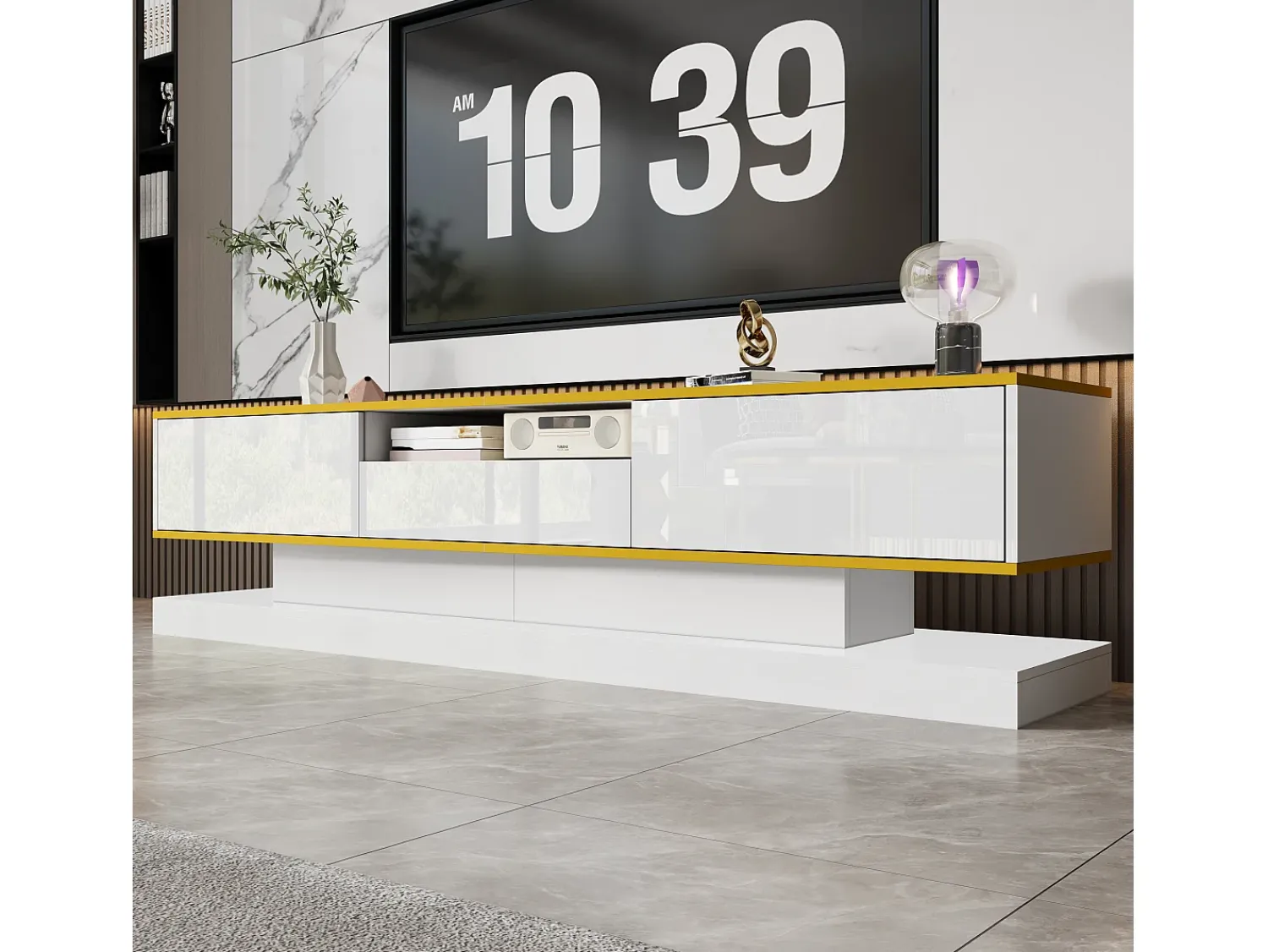 Móvel De Tv|ModernLuxe Móvel para TV moderno 180×38×45 cm - com três gavetas - com um compartimento aberto - com iluminação LED - Branco
