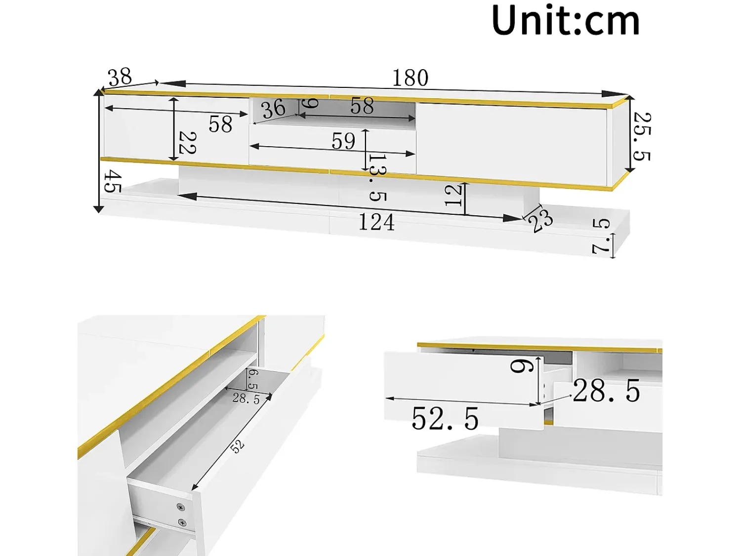 Móvel De Tv|ModernLuxe Móvel para TV moderno 180×38×45 cm - com três gavetas - com um compartimento aberto - com iluminação LED - Branco