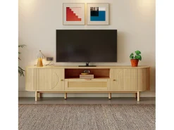 Móvel De Tv*ModernLuxe Móvel para TV moderno 175×36×51 cm - com 2 portas e 1 gaveta de vime - prateleiras abertas - natural Natural claro