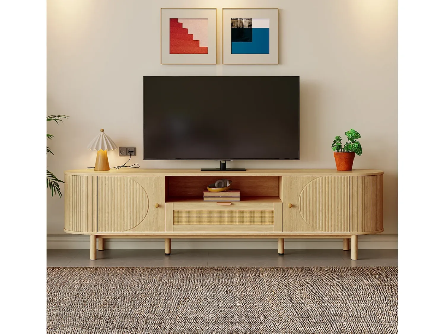 Móvel De Tv*ModernLuxe Móvel para TV moderno 175×36×51 cm - com 2 portas e 1 gaveta de vime - prateleiras abertas - natural Natural claro