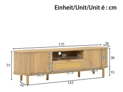 Móvel De Tv*ModernLuxe Móvel para TV moderno 175×36×51 cm - com 2 portas e 1 gaveta de vime - prateleiras abertas - natural Natural claro