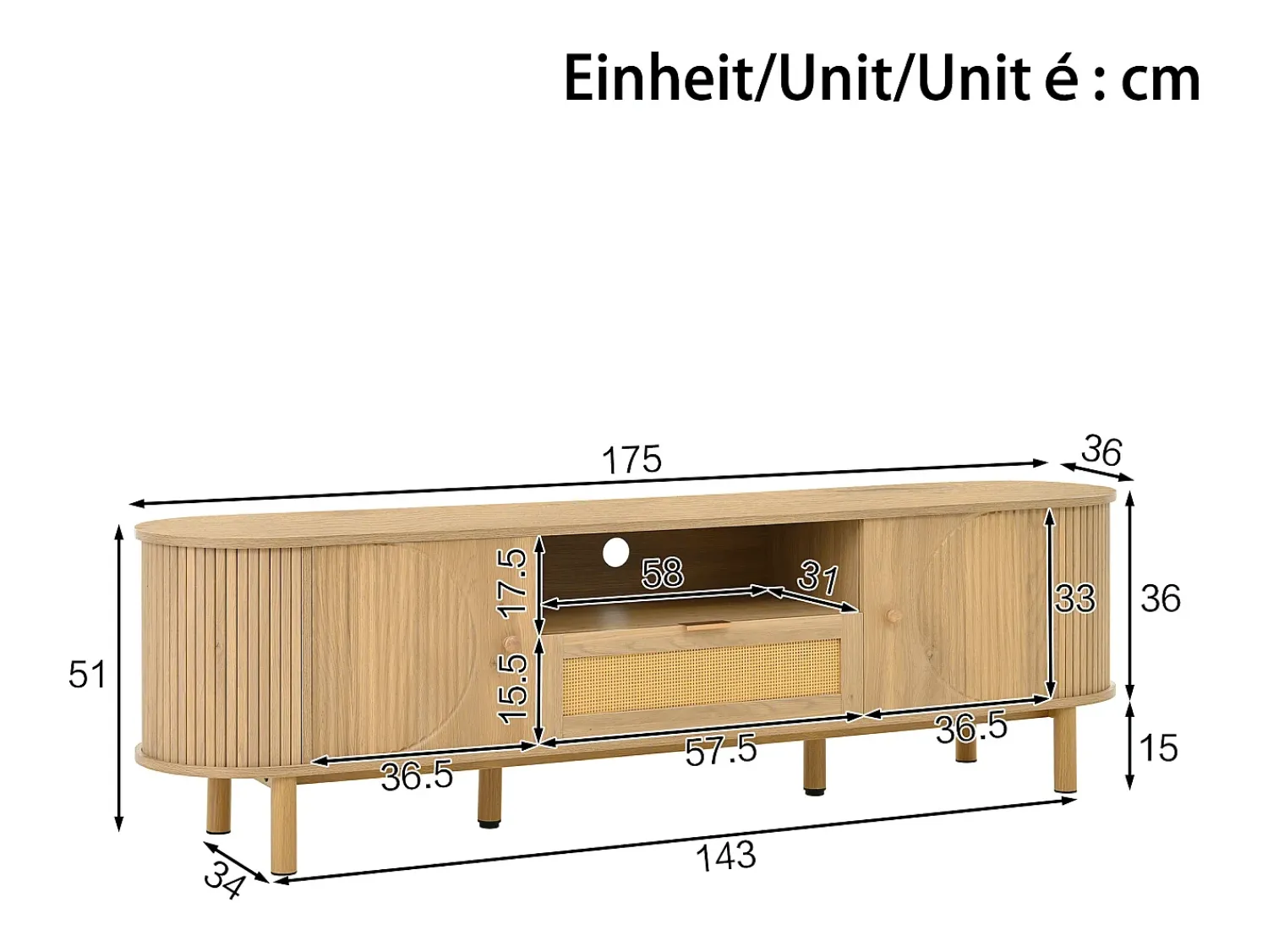 Móvel De Tv*ModernLuxe Móvel para TV moderno 175×36×51 cm - com 2 portas e 1 gaveta de vime - prateleiras abertas - natural Natural claro