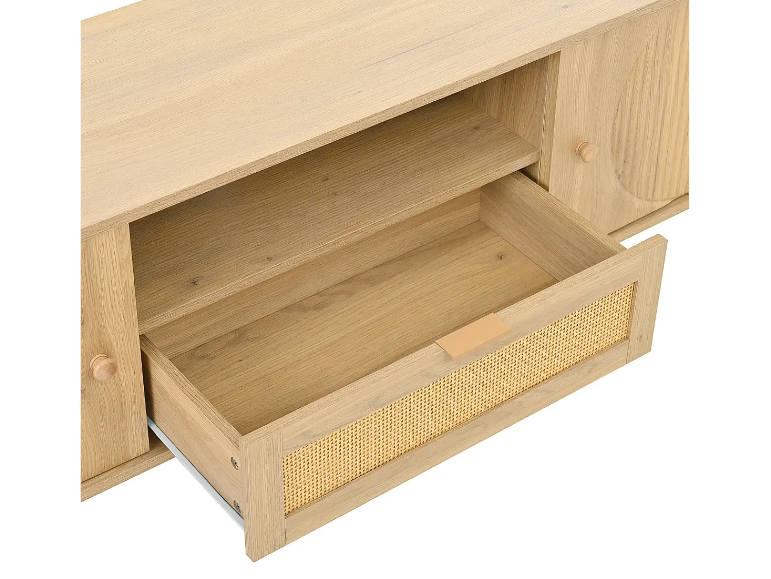 Móvel De Tv*ModernLuxe Móvel para TV moderno 175×36×51 cm - com 2 portas e 1 gaveta de vime - prateleiras abertas - natural Natural claro