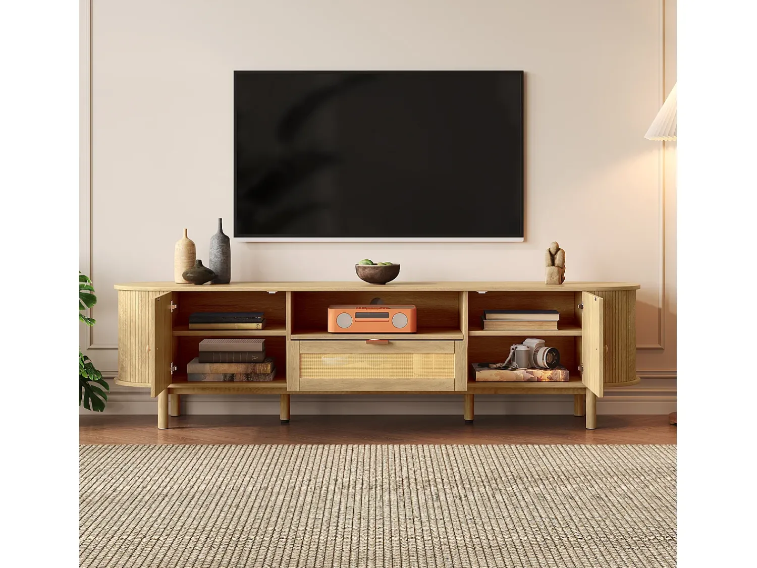 Móvel De Tv*ModernLuxe Móvel para TV moderno 175×36×51 cm - com 2 portas e 1 gaveta de vime - prateleiras abertas - natural Natural claro