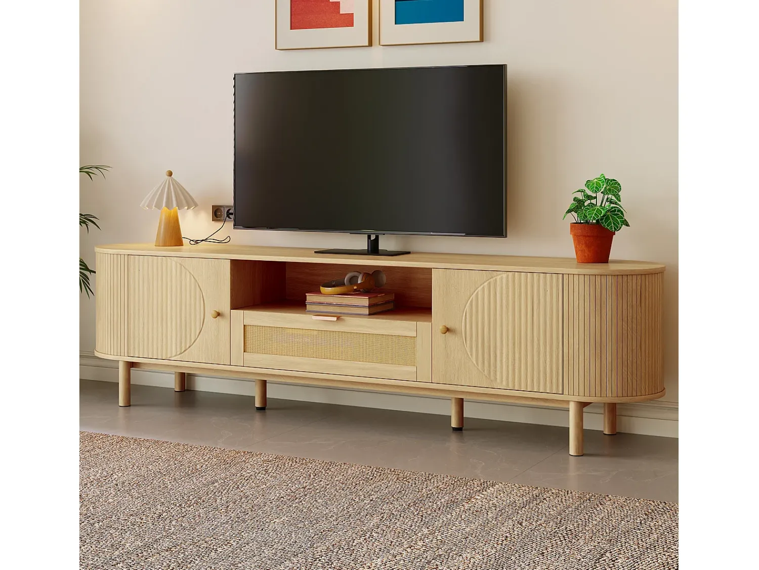 Móvel De Tv*ModernLuxe Móvel para TV moderno 175×36×51 cm - com 2 portas e 1 gaveta de vime - prateleiras abertas - natural Natural claro