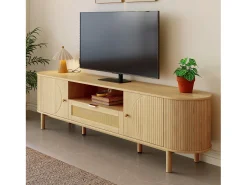 Móvel De Tv*ModernLuxe Móvel para TV moderno 175×36×51 cm - com 2 portas e 1 gaveta de vime - prateleiras abertas - natural Natural claro