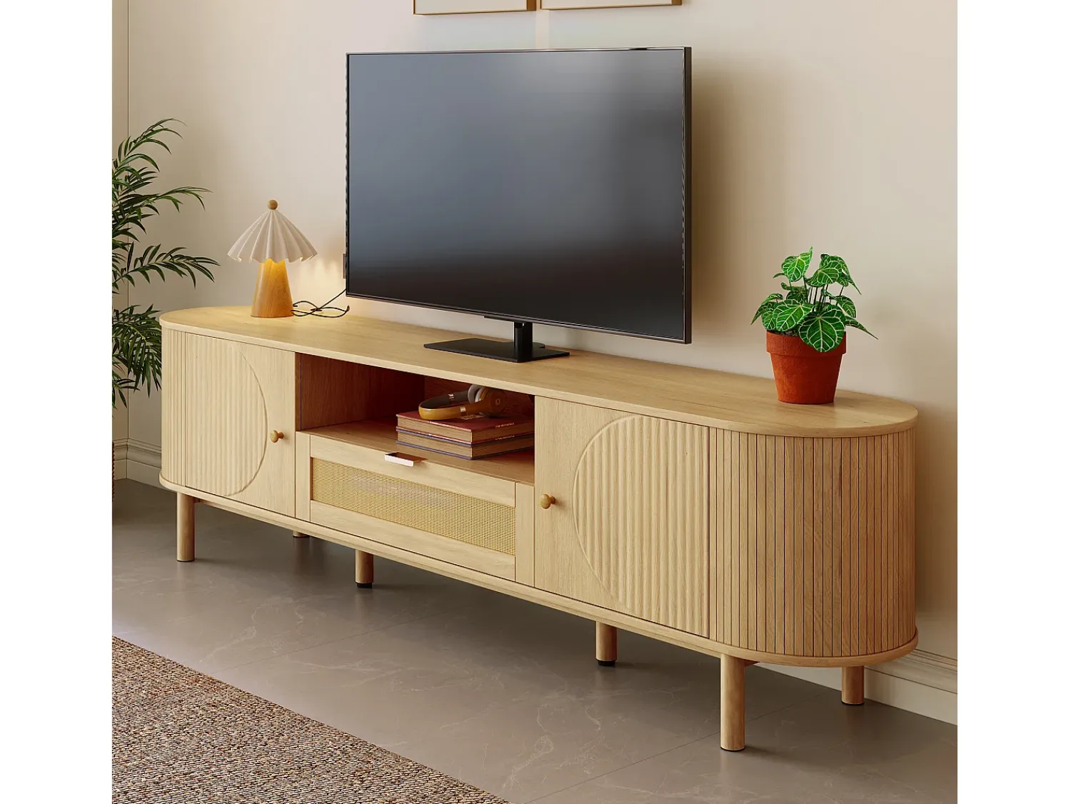 Móvel De Tv*ModernLuxe Móvel para TV moderno 175×36×51 cm - com 2 portas e 1 gaveta de vime - prateleiras abertas - natural Natural claro