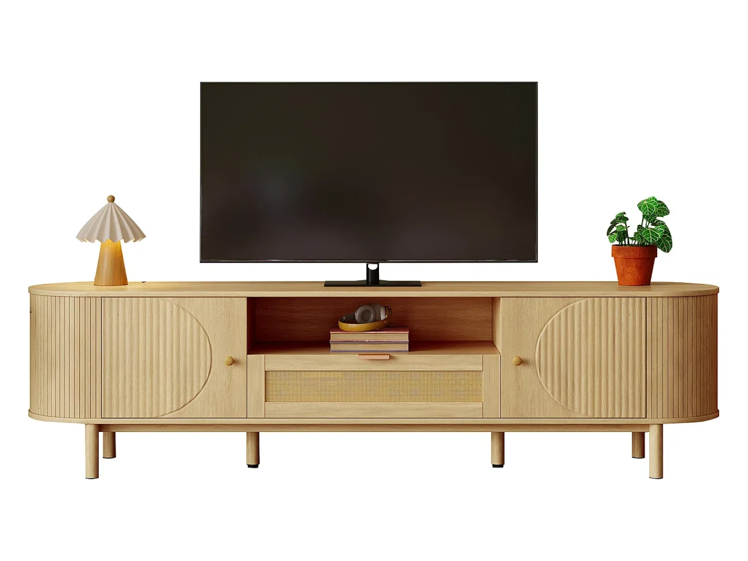 Móvel De Tv*ModernLuxe Móvel para TV moderno 175×36×51 cm - com 2 portas e 1 gaveta de vime - prateleiras abertas - natural Natural claro