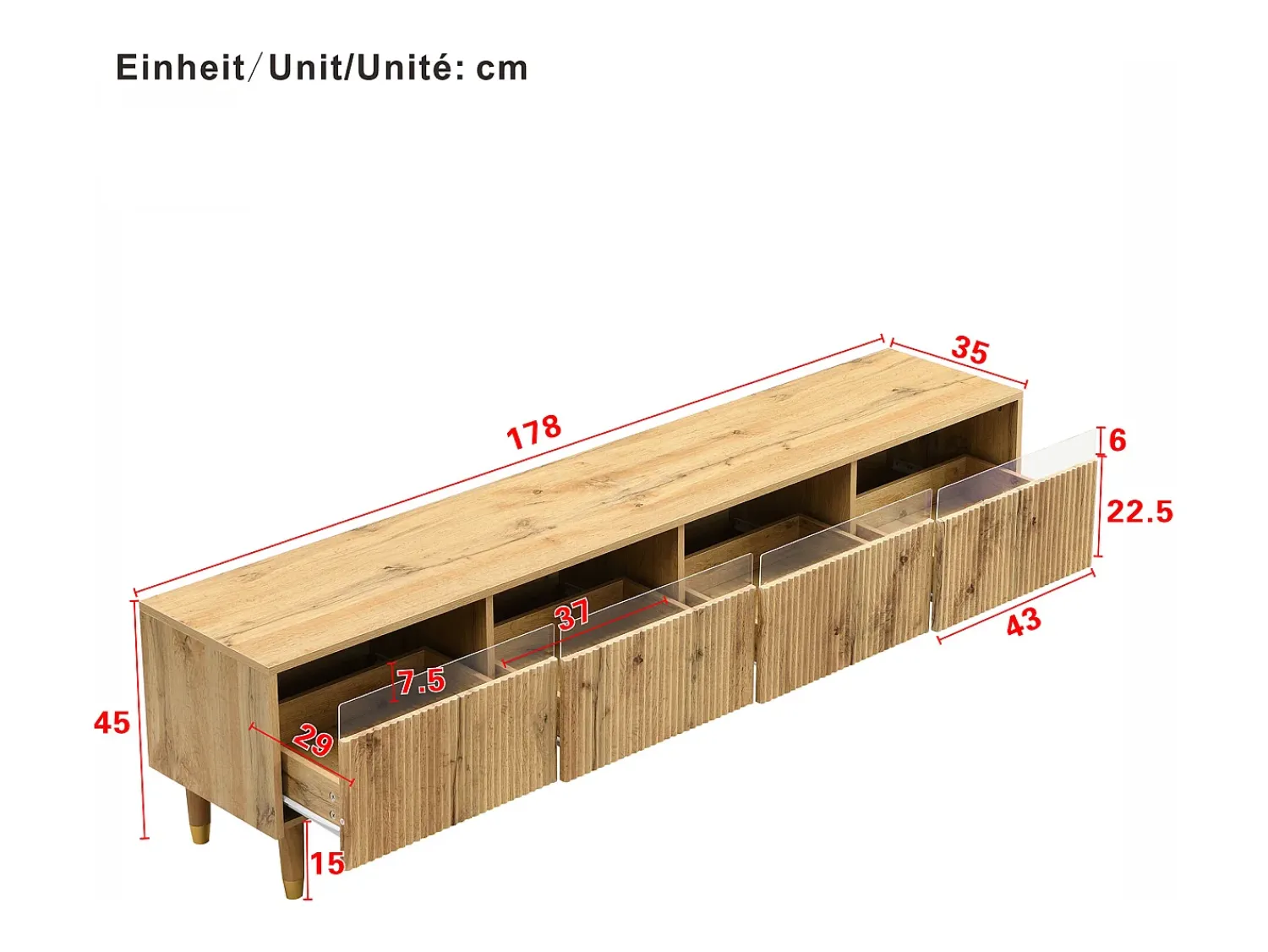 New ModernLuxe Móvel para TV moderno 178×35×45 cm - com iluminação LED - 4 gavetas - acabamento madeirado - MDF - natural Natural claro