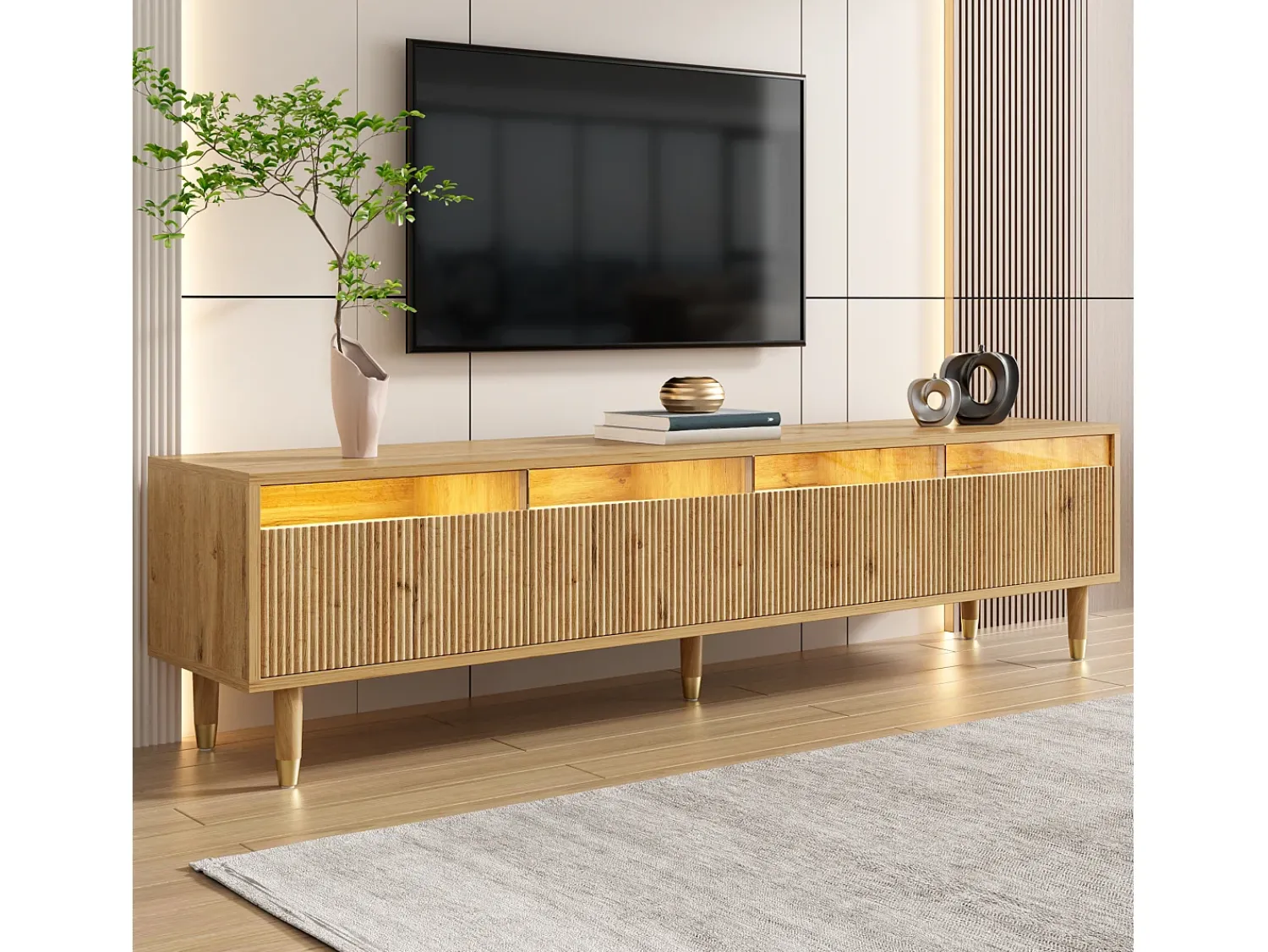 New ModernLuxe Móvel para TV moderno 178×35×45 cm - com iluminação LED - 4 gavetas - acabamento madeirado - MDF - natural Natural claro