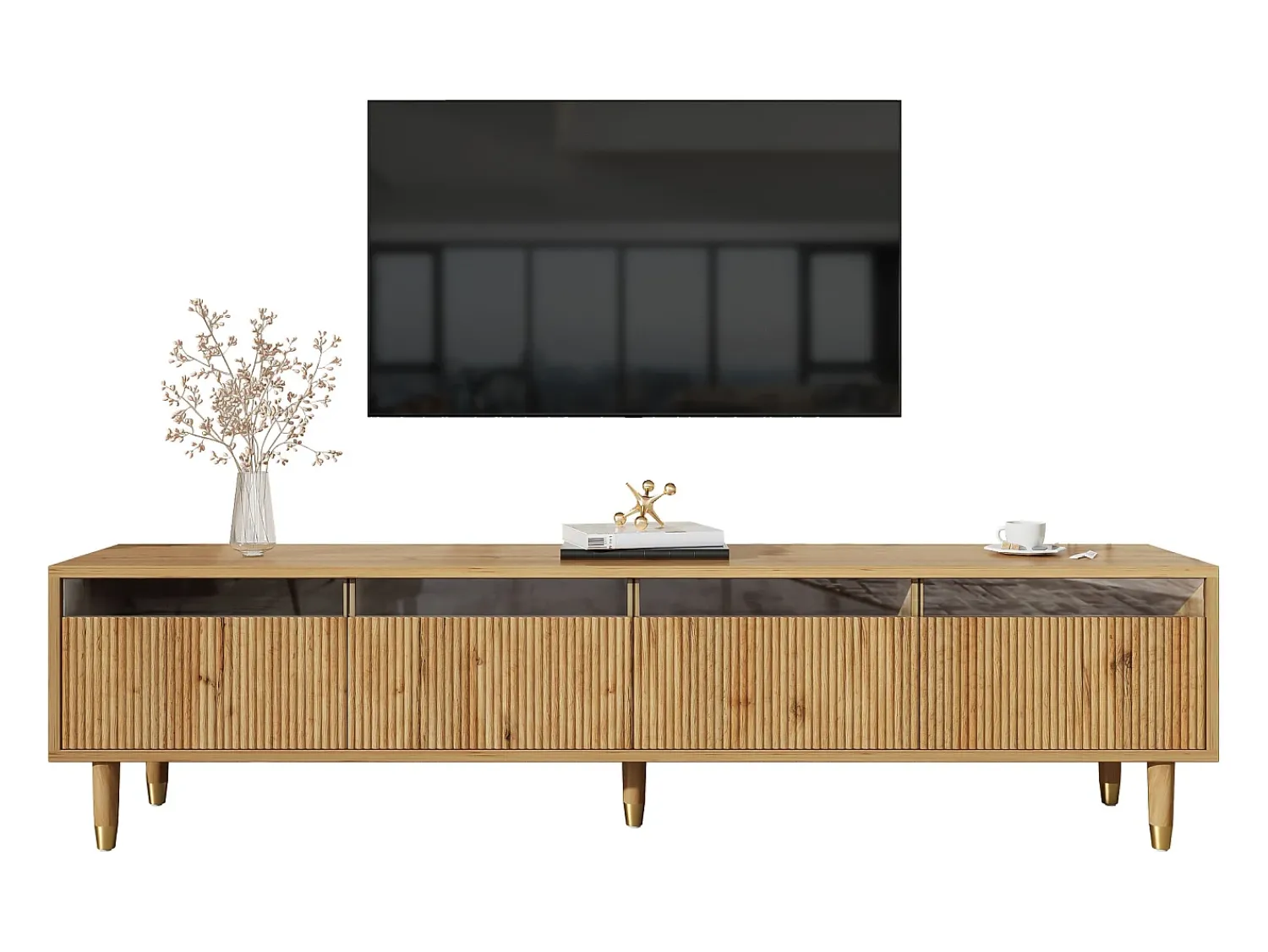 New ModernLuxe Móvel para TV moderno 178×35×45 cm - com iluminação LED - 4 gavetas - acabamento madeirado - MDF - natural Natural claro