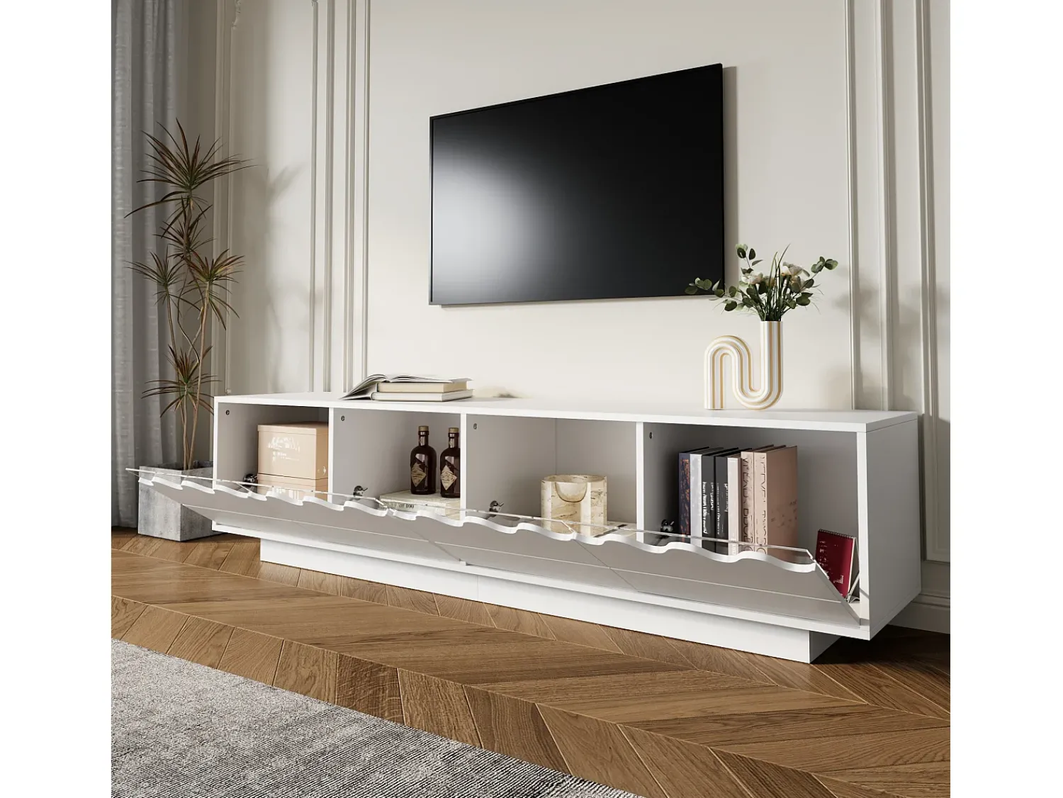 ModernLuxe Móvel para TV moderno 170x40x45cm - com 4 portas - design ondulado - MDF + painéis de partículas -^ Móvel De Tv
