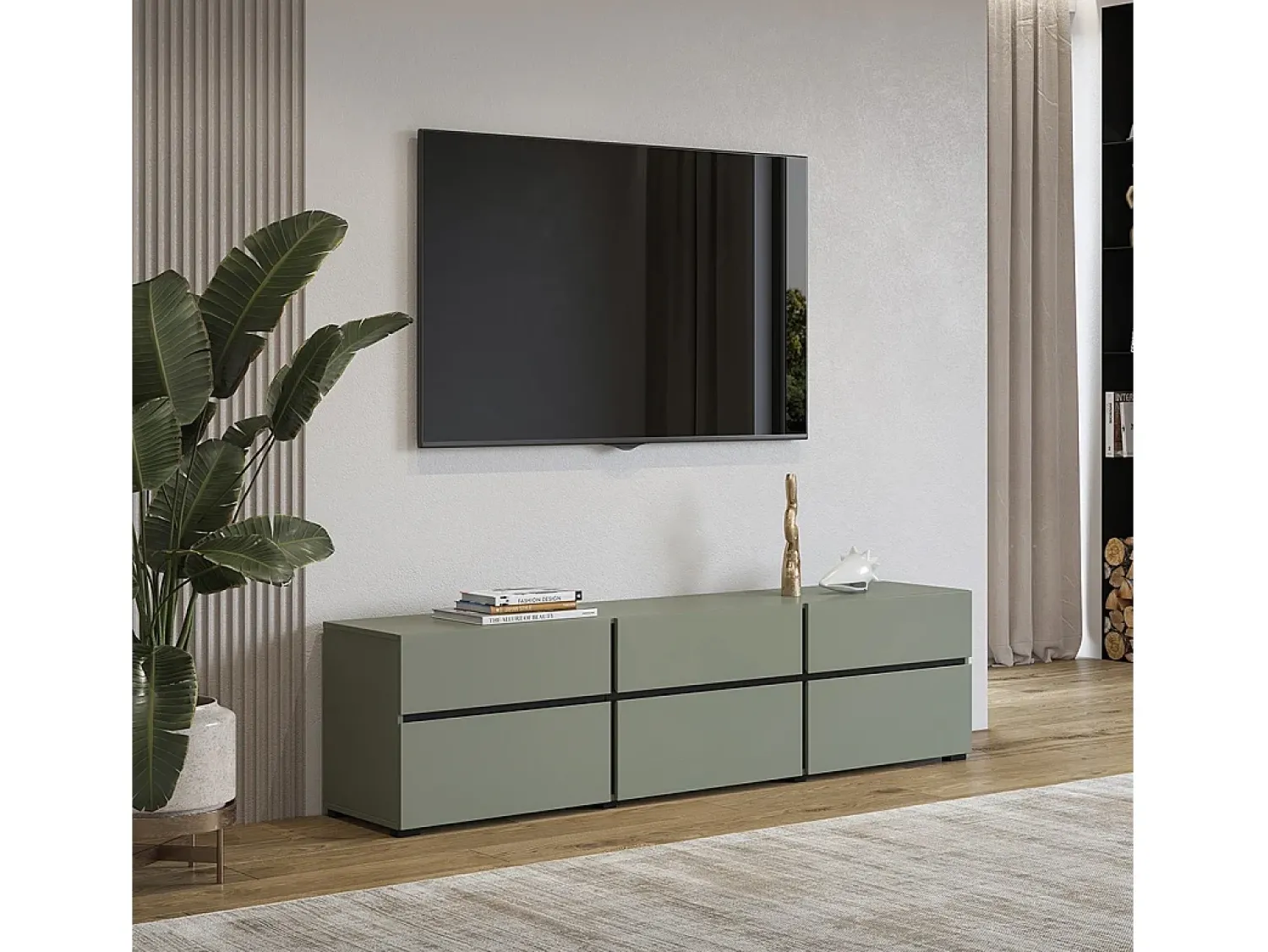 Meublorama Móvel para TV na cor sálvia 180cm coleção HAVANA. Móvel design com 3 portas e 3 gavetas.^ Móvel De Tv