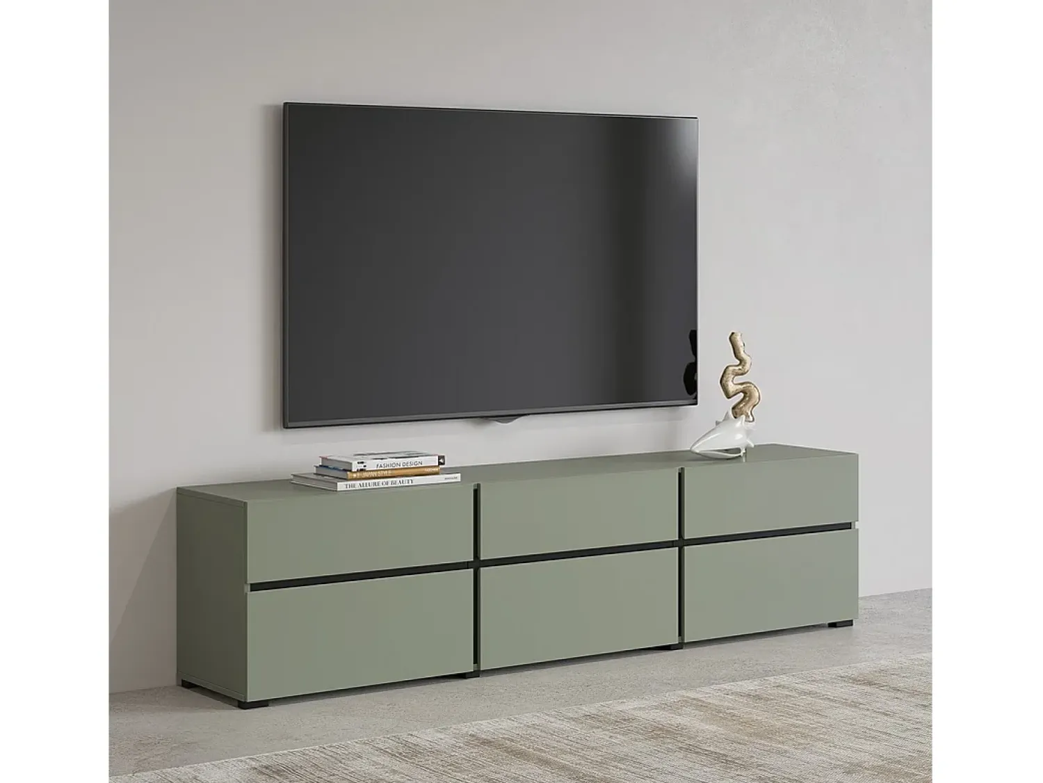 Meublorama Móvel para TV na cor sálvia 180cm coleção HAVANA. Móvel design com 3 portas e 3 gavetas.^ Móvel De Tv
