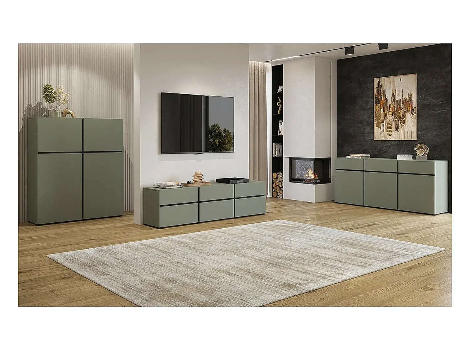 Meublorama Móvel para TV na cor sálvia 180cm coleção HAVANA. Móvel design com 3 portas e 3 gavetas.^ Móvel De Tv