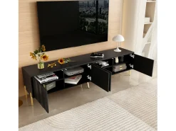 Online Móvel para TV , 190 × 38 × 48 cm – Pés dourados, portas com ranhuras, design moderno para sala de estar. Preto
