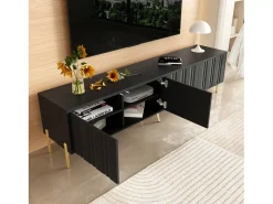 Online Móvel para TV , 190 × 38 × 48 cm – Pés dourados, portas com ranhuras, design moderno para sala de estar. Preto
