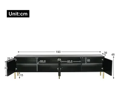 Móvel De Tv| Móvel para TV , 190 cm, com 4 portas, pés dourados e portas com ranhuras. Preto