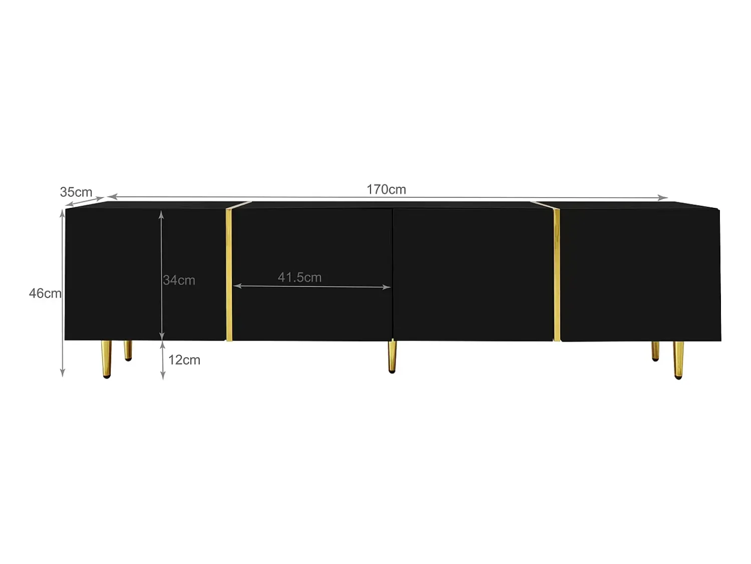 Clearance Móvel para TV , com 4 portas, para sala de estar, com detalhes dourados, 170x35x46cm Preto