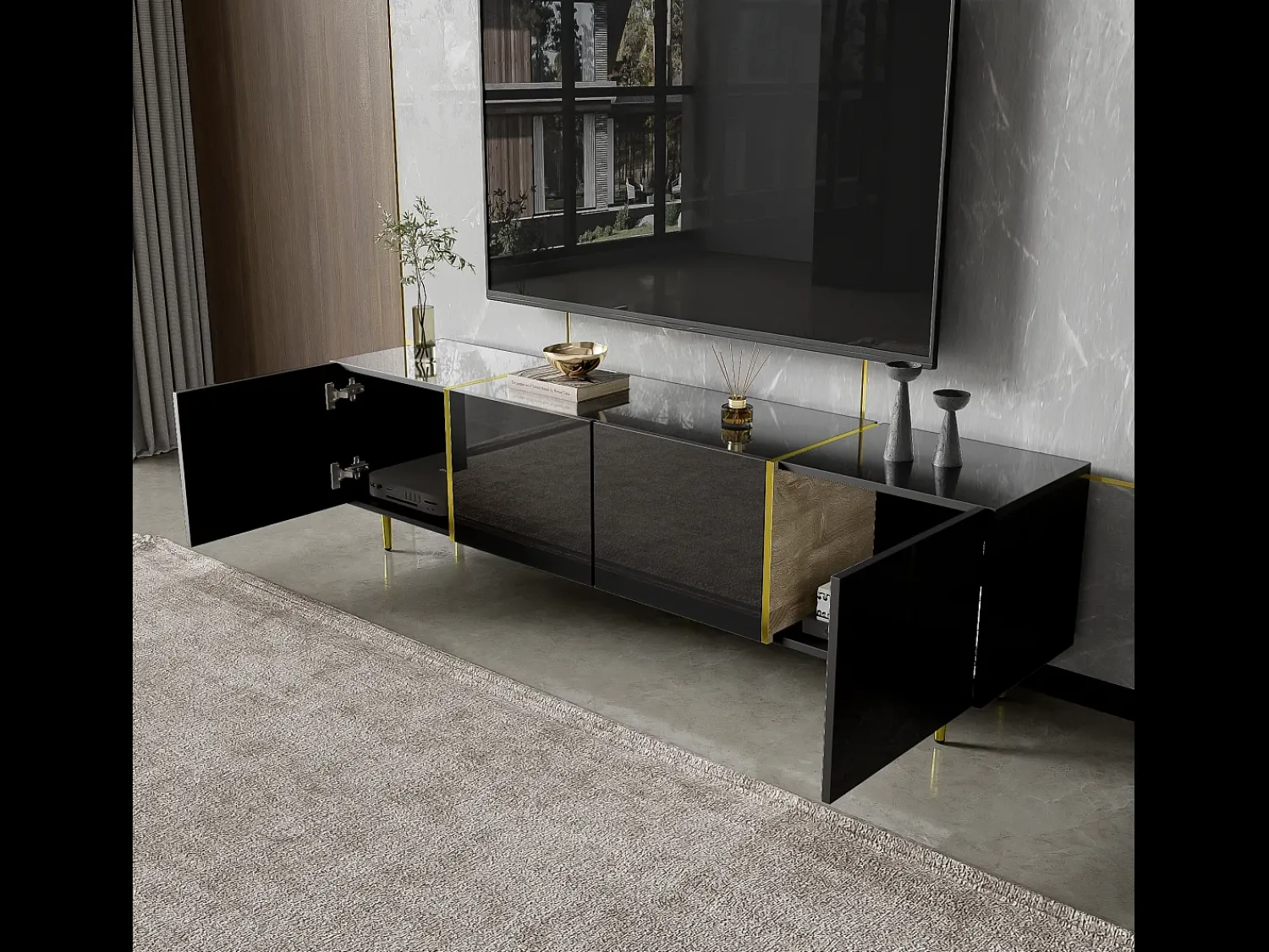 Clearance Móvel para TV , com 4 portas, para sala de estar, com detalhes dourados, 170x35x46cm Preto