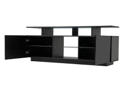 Móvel De Tv| Móvel para TV de 140 cm, iluminação LED de 16 cores, portas laqueadas com painéis de vidro, espaço para TVs de até 60". Preto