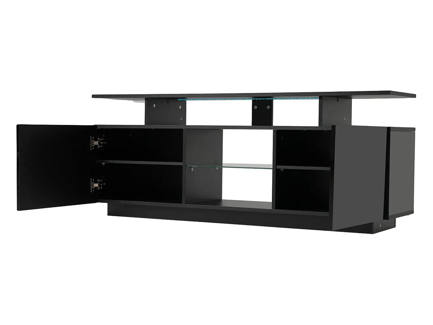 Móvel De Tv| Móvel para TV de 140 cm, iluminação LED de 16 cores, portas laqueadas com painéis de vidro, espaço para TVs de até 60". Preto