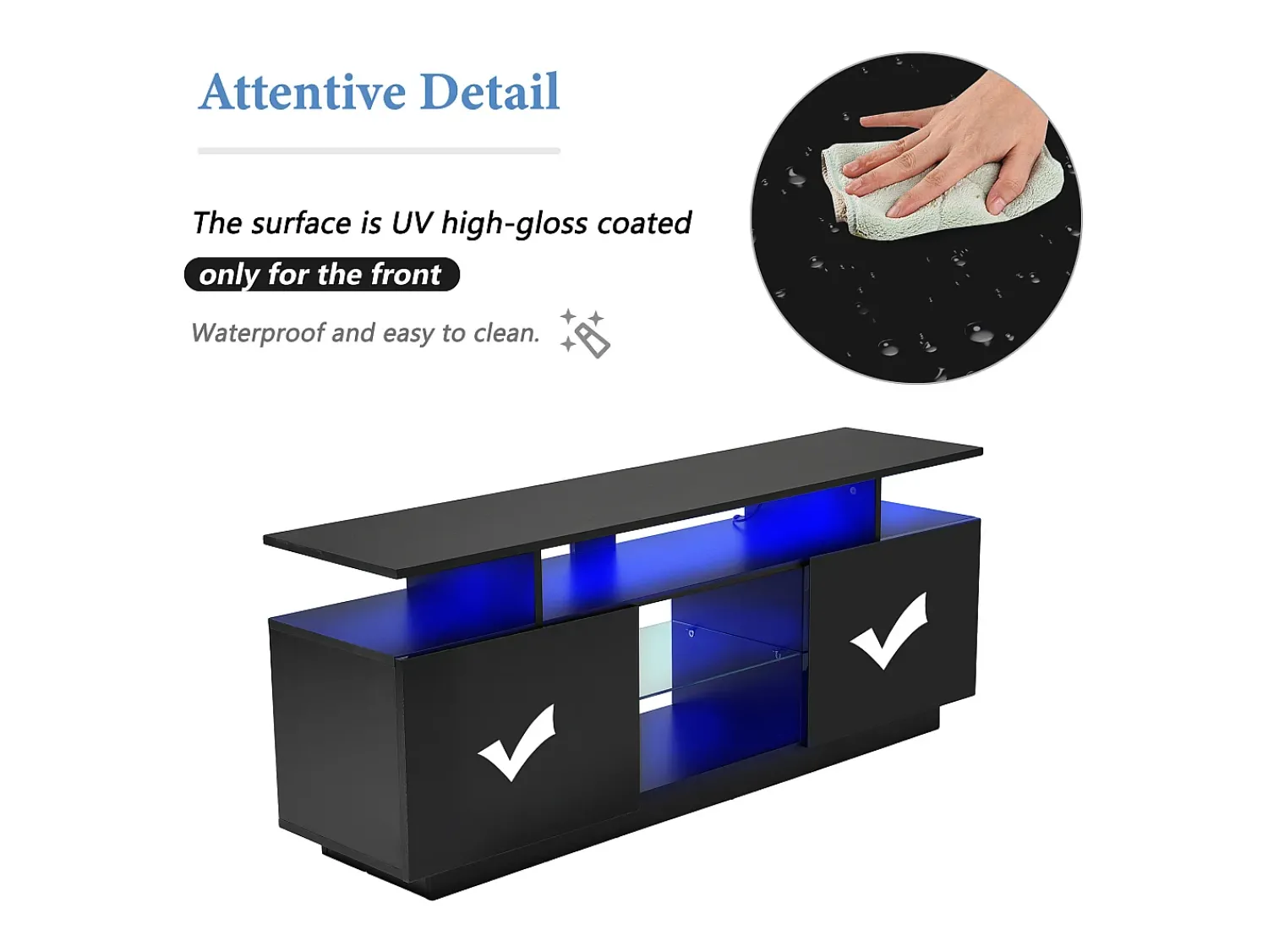 Móvel De Tv| Móvel para TV de 140 cm, iluminação LED de 16 cores, portas laqueadas com painéis de vidro, espaço para TVs de até 60". Preto